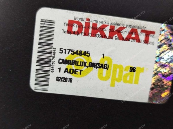 Fiat Doblo 2 06-10 Sağ Ön Çamurluk 51754845 ORJ. YP (BB110)